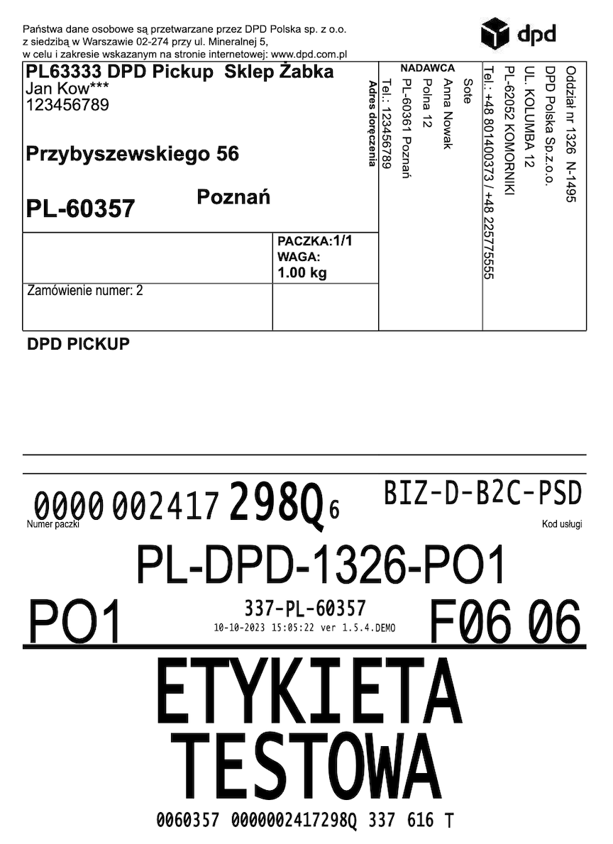 Etykieta wygenerowania przez moduł DPD