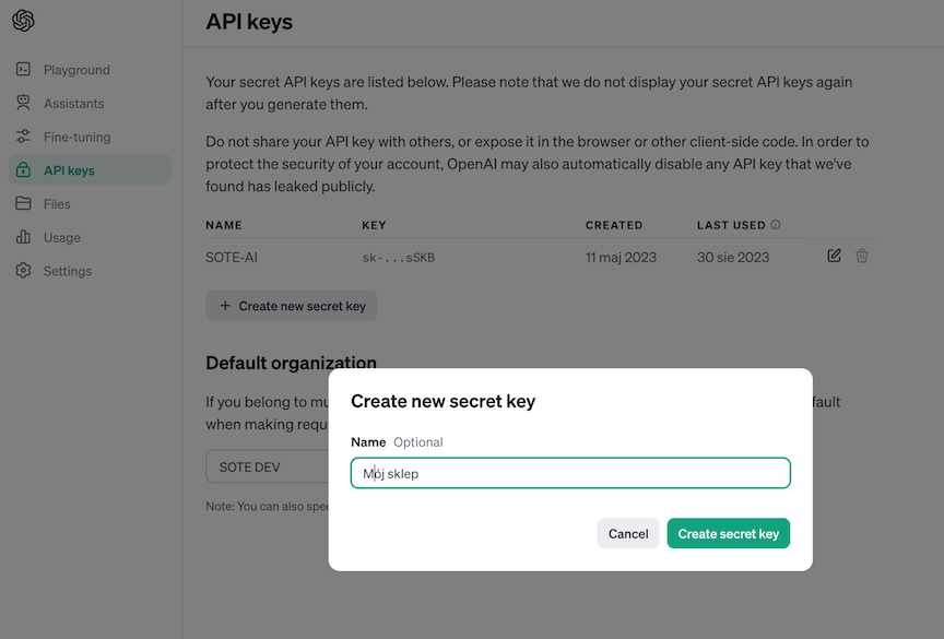 Generowanie klucza API OpenAI