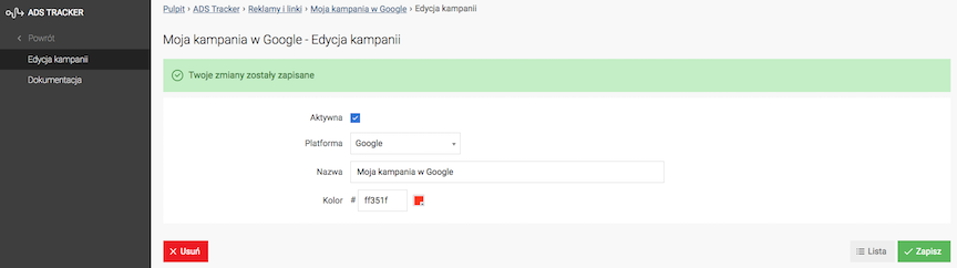 Dodawanie kampanii reklamowych Google do ADS tracker, wybór koloru