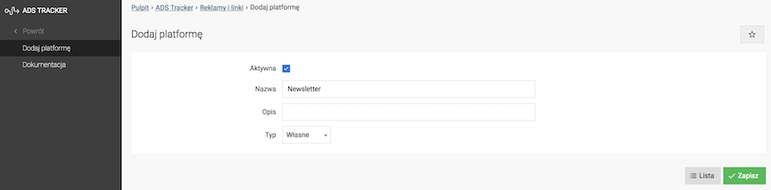 Dodanie platformy reklamowych w ADS tracker