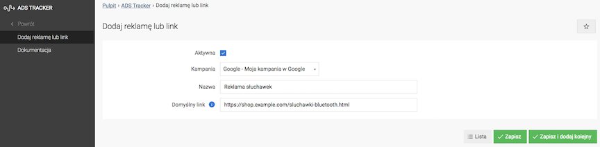 Dodawanie nowej reklamy w ramach kampanii reklamowej Google do ADS tracker