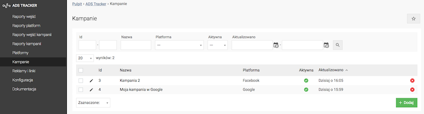 Lista kampanii reklamowych dodanych do ADS tracker