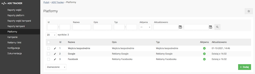 Lista platform reklamowych w ADS tracker