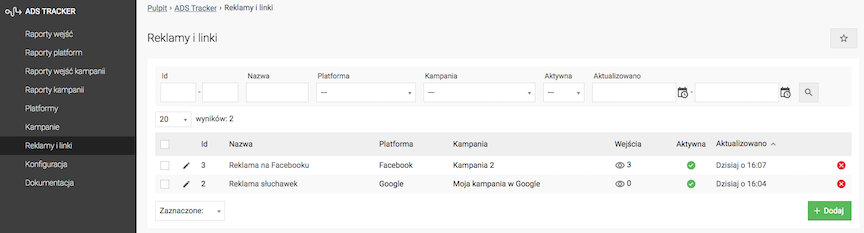 Lista reklam w ramach kampanii dodanych do ADS tracker