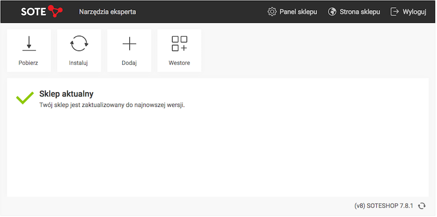 Strona główna panelu aktualizacji, sklep jest aktualny