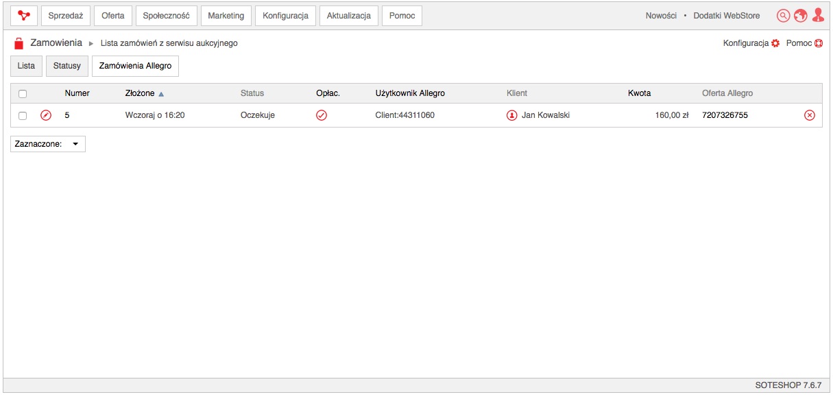 Ewidencjonowanie zamówienia z aukcji Allegro w sklepie SOTESHOP