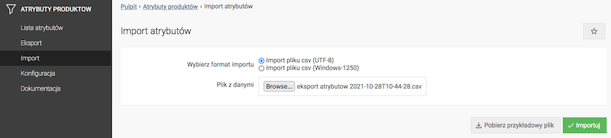 Import atrybutów z pliku CSV