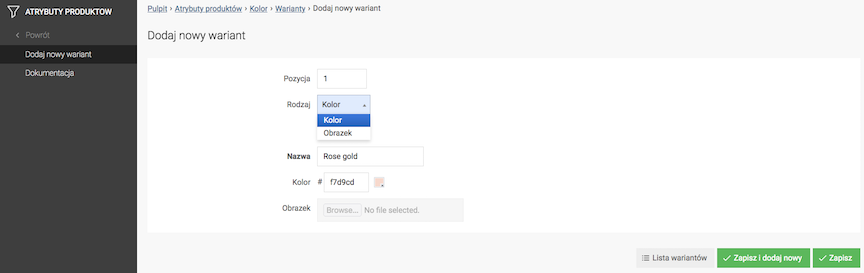 Dodanie wariantu typu kolor