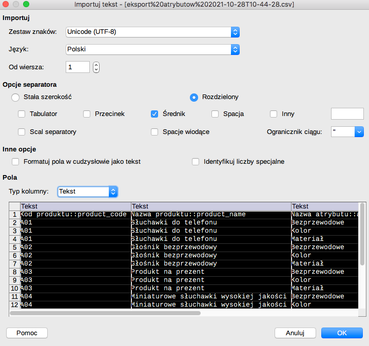 Otwieranie pliku CSV w programie LibreOffice