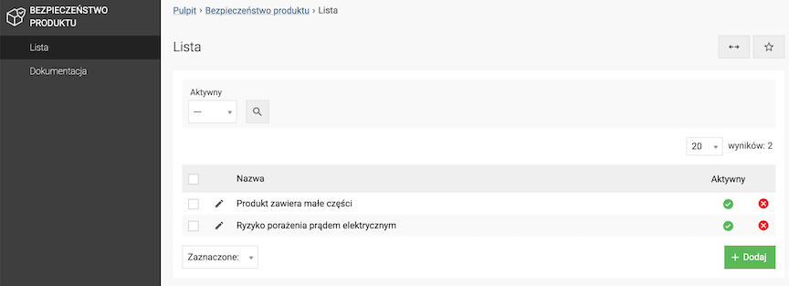 Lista podmiotów odpowiedzialnych w panelu sklepu