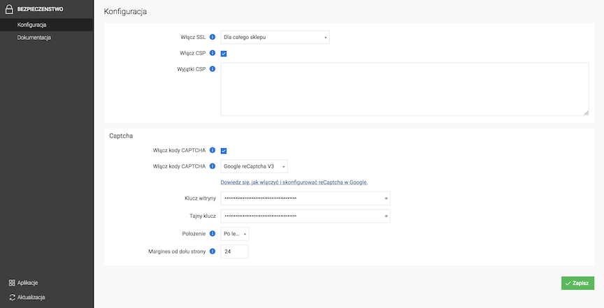 Security module configuration panel