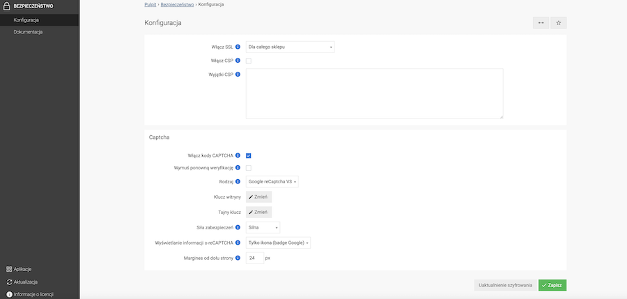 Panel konfiguracji modułu Bezpieczeństwo
