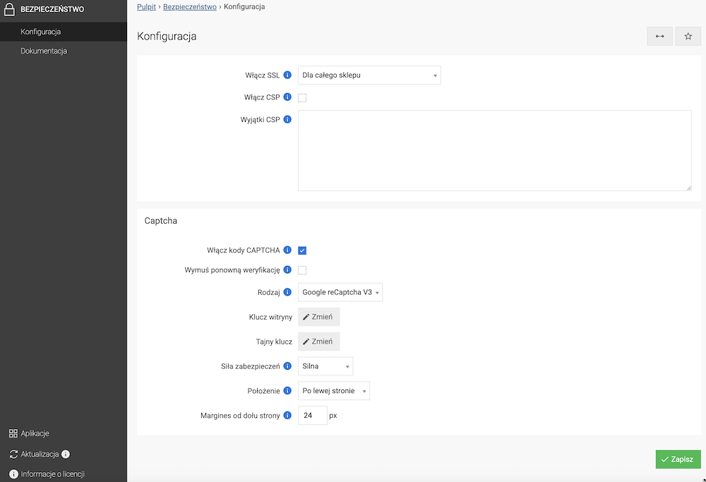 Panel konfiguracji modułu Bezpieczeństwo