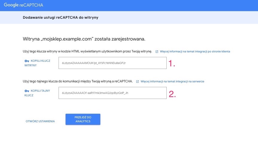 Pola zawierające niezbędne do konfiguracji reCAPTCHA v3 klucze