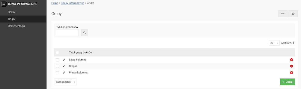 Przypisanie boksu informacyjnego do stopki