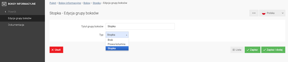 Przypisanie boksu informacyjnego do stopki