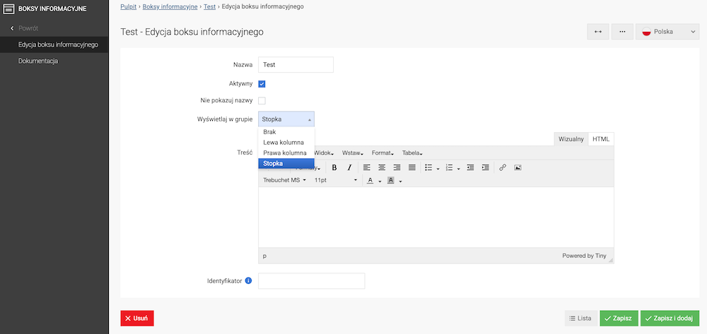 Przypisanie boksu informacyjnego do stopki