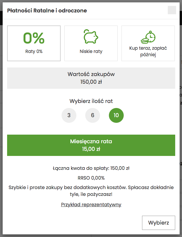 Selection of Comfino rates in the cart