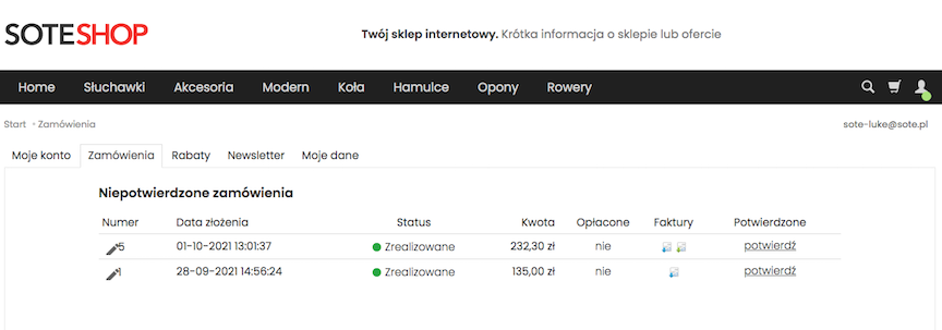 Lista zamówień w panelu klienta