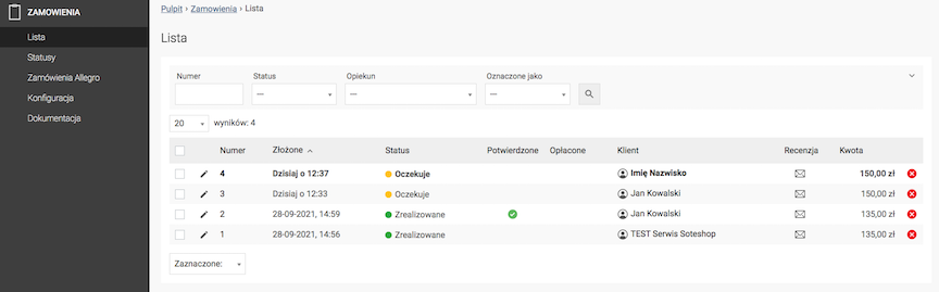 Lista zamówienień