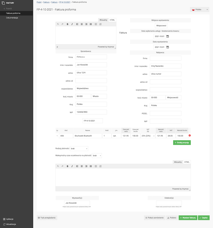 Editing a Proforma Invoice