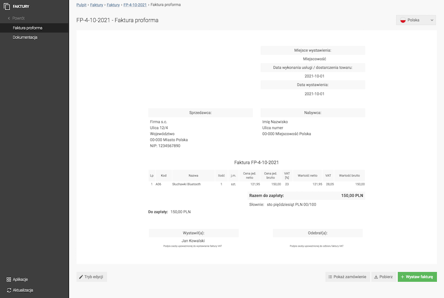 Preview of Proforma Invoice