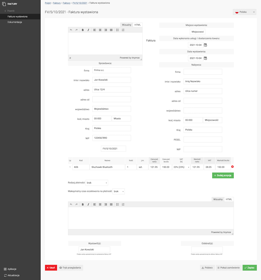 VAT invoice editing