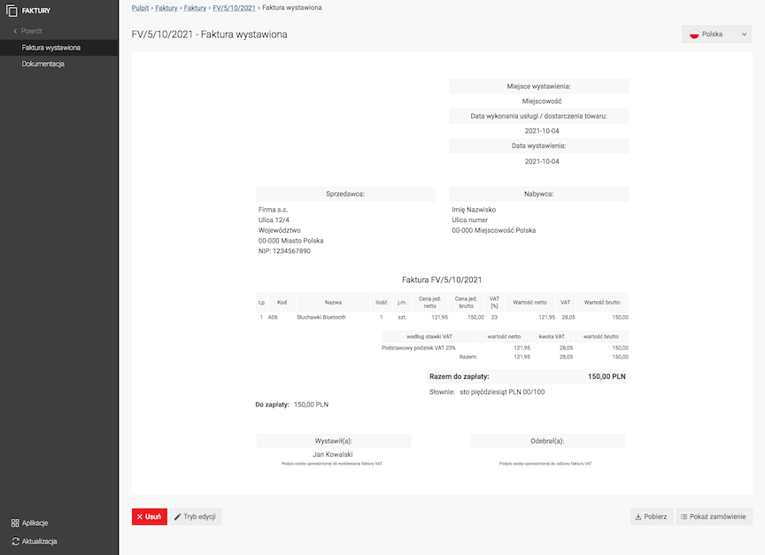 VAT invoice preview