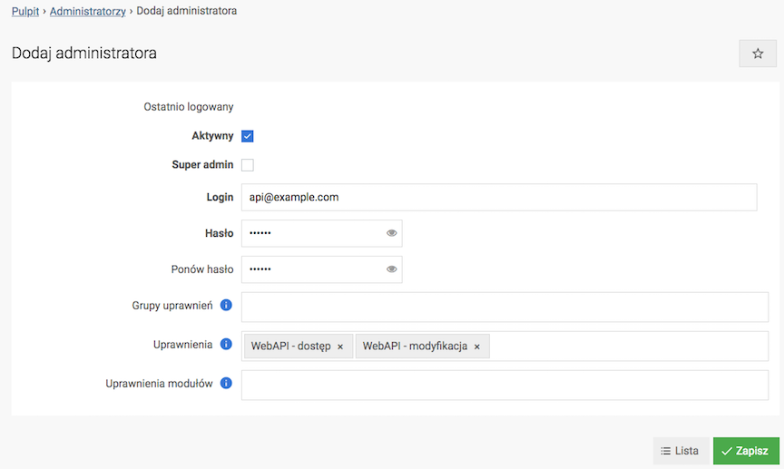 Dodanie nowego administratora z dostępem do WebAPI