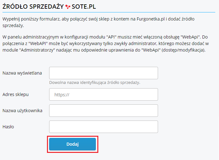 Integracja Furgonetka z SOTE poprzez API