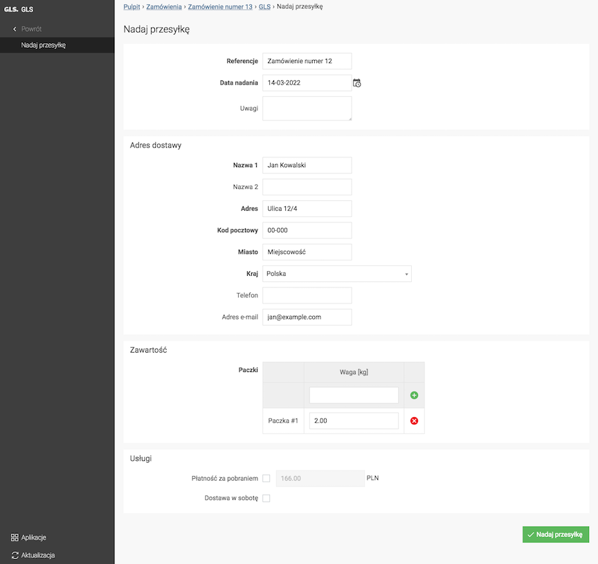 Nadawanie paczki GLS