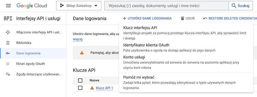 Tworzenie danych logowania do API