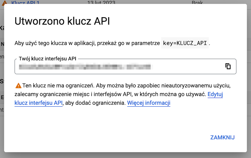 Wygenerowany klucz API