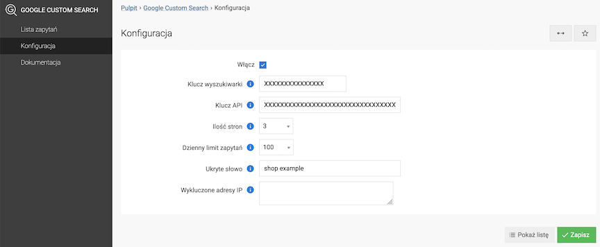 Google search module configuration