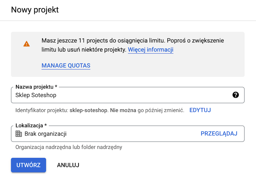 Tworzenie projektu Google Cloud