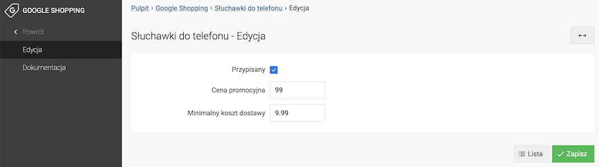 Ustawienia produktu dotyczące Google Shopping