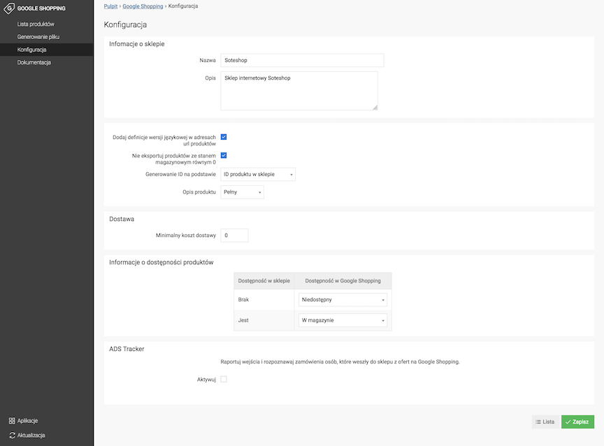 Konfiguracja modułu Google Shopping