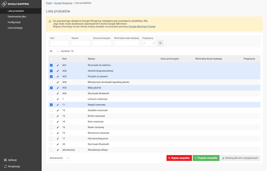 Lista produktów Google Shopping
