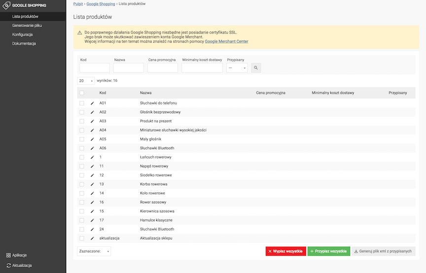 PRzypisanie wszystkich produktów w sklepie do Google Shopping