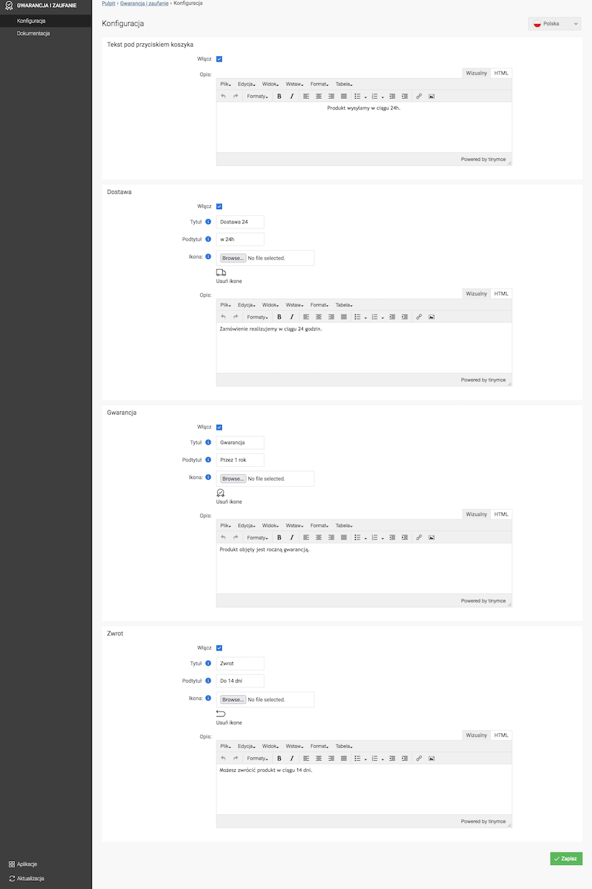 Configuration of the Warranty and Trust module content