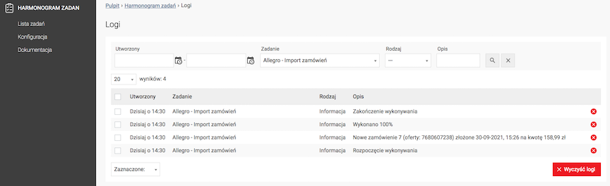 Lista logów zadania Harmonogramu