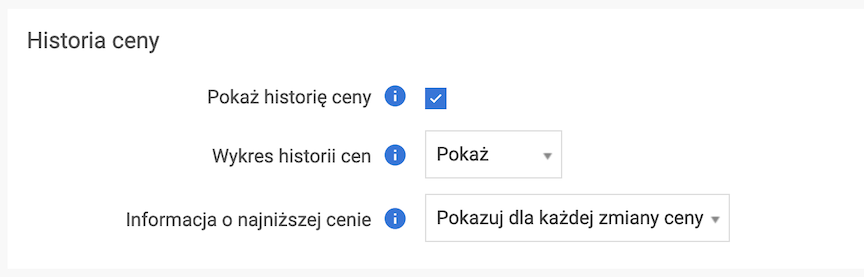 Opcje historii ceny w konfiguracji produktów