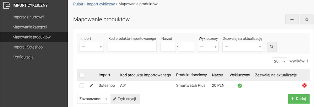 Lista mapowania kategorii z hurtowni do kategorii w sklepie