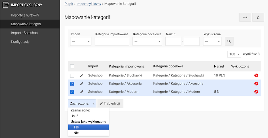 List of category mapping from wholesaler to store category