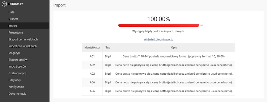 Wyświetlanie tabeli z błędami importu