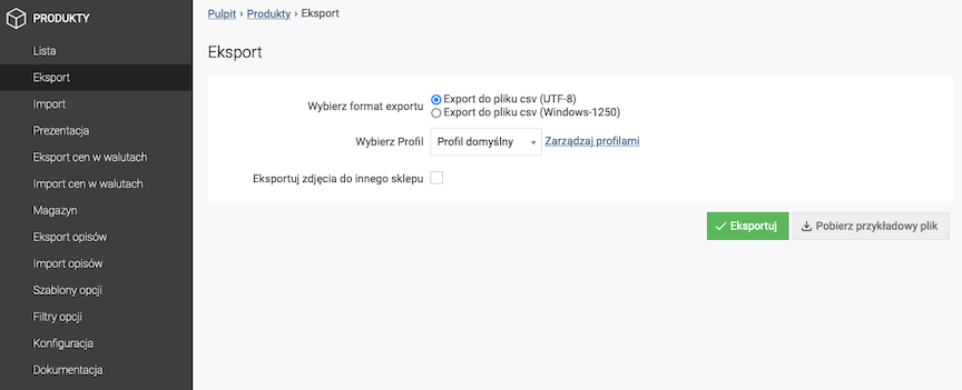 Panel eksportu produktów w Soteshop
