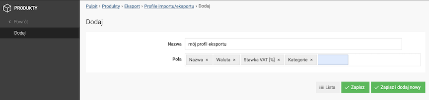 Dodawanie profilu eksportu produktów w Soteshop