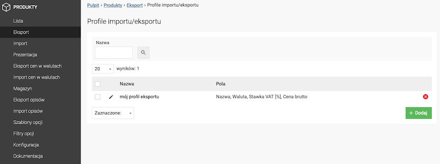Product export/import profiles management panel in Soteshop