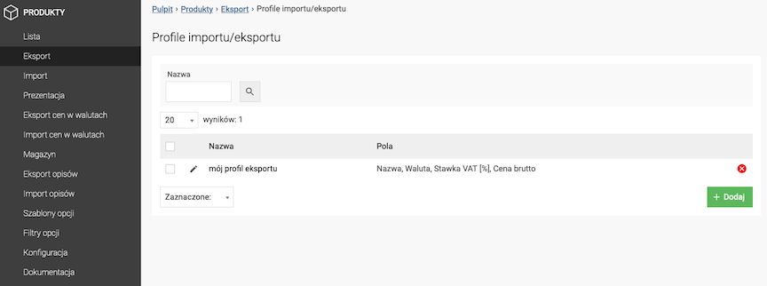 Panel zarzadzania profilami eksportu produktów w Soteshop