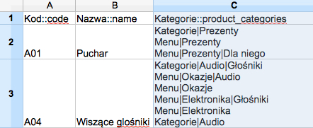 Product category column in CSV file